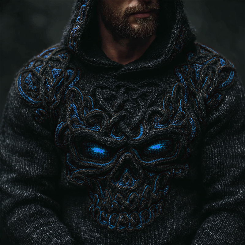 Men's Halloween Skull Celtic Knot Chunky Cozy Knit Hooded Sweater  artssus