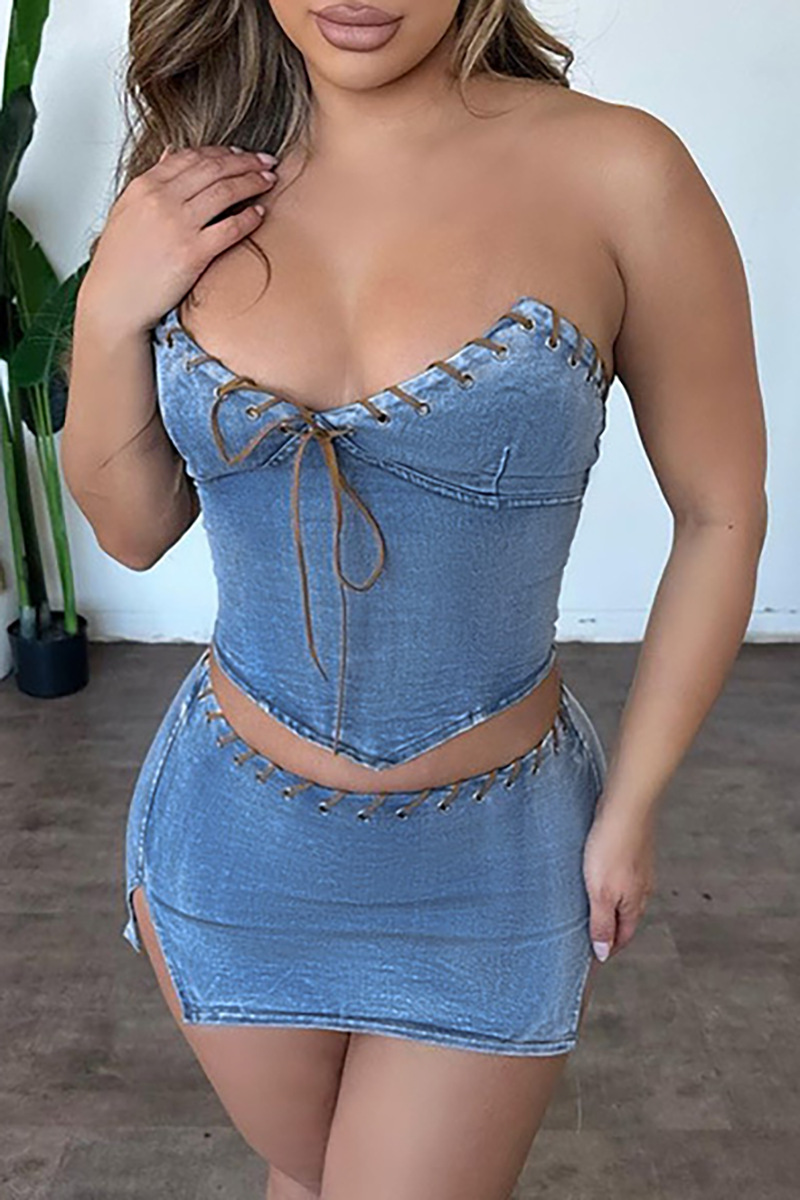 Denim Strapless Tie Up Crop Top Slit Bodycon Mini Skirt Matching Set-Blue