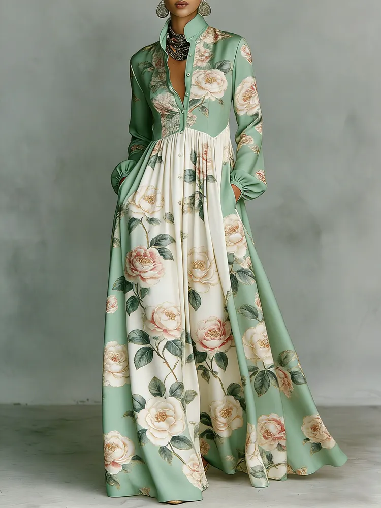Women's Vintage print Elegant Romantic Vacation Maxi Dress