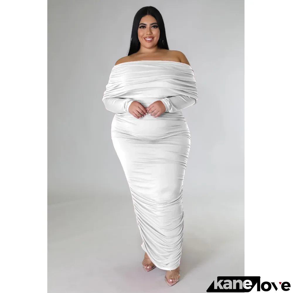 Plus Size Women Off Shoulder Pleated Long Sleeve Dress