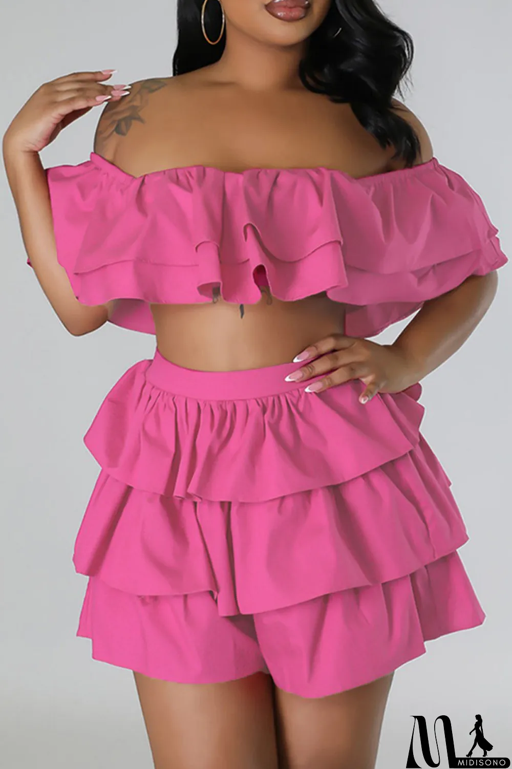 MidiSono - Rose Red Sexy Casual Solid Patchwork Backless Off the Shoulder Short Sleeve Two Pieces