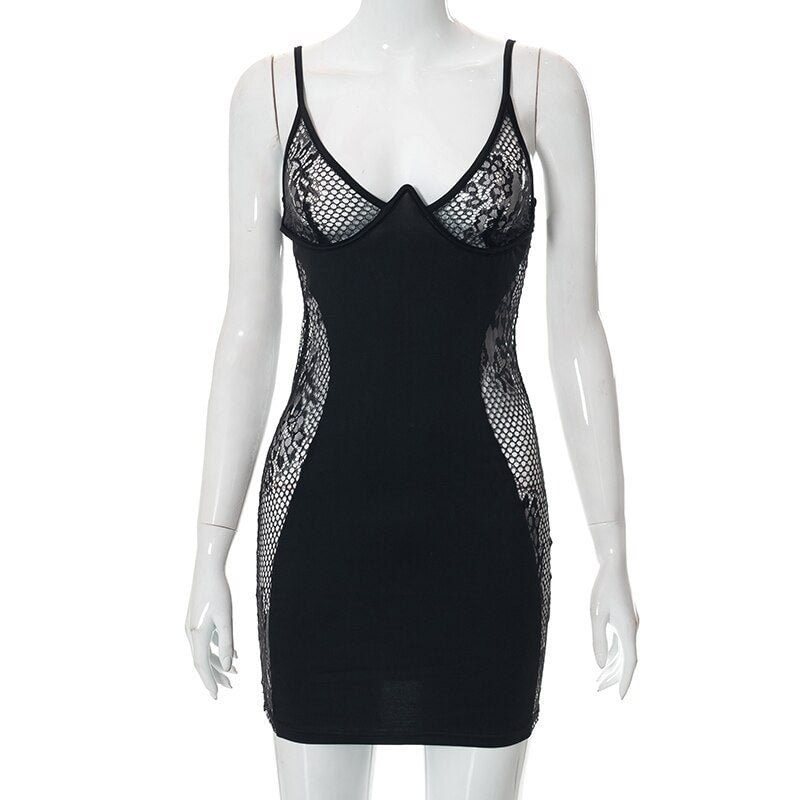 Hugcitar Mesh Solid Sleeveless Slip V Neck Patchwork See Through Dress 2022 Summer Women Fashion Sexy Party Club Outfits Y2K
