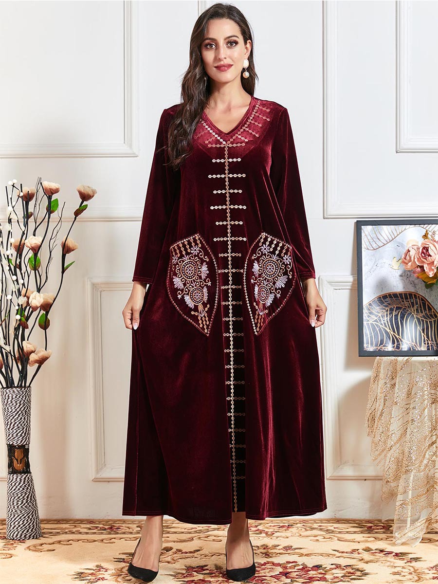 Embroidered Long Sleeve Velvet Panel Pocket Dress