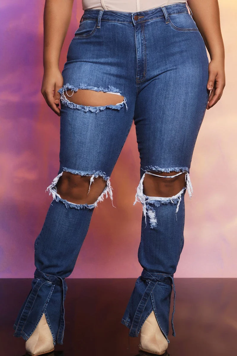Fashion Casual Solid Ripped Slit Mid Waist Regular Denim Jeans