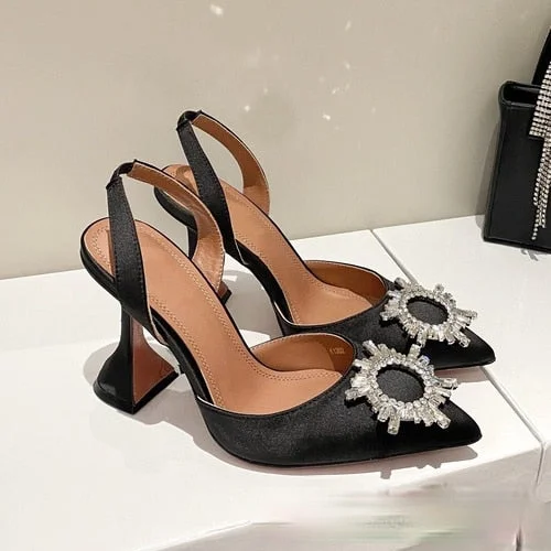 European and American 2021 Summer New Pointed High Heel Women's Shoes SUNFLOWER Drill Buckle Closed Toe Wine Cup Heel Sandals