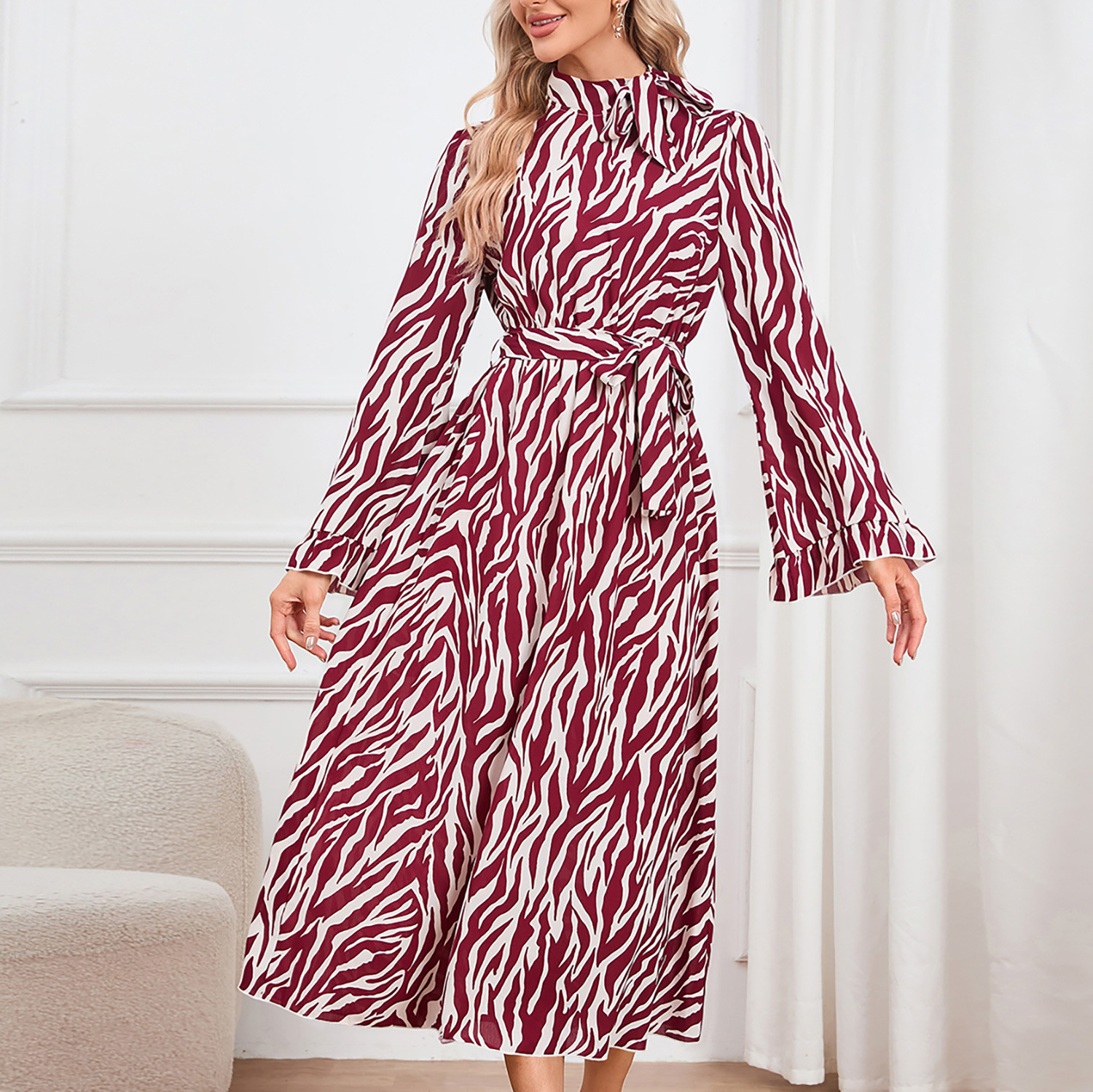 Mature Women's Slim Fit Elegant Flare Sleeve Stand Collar Dress