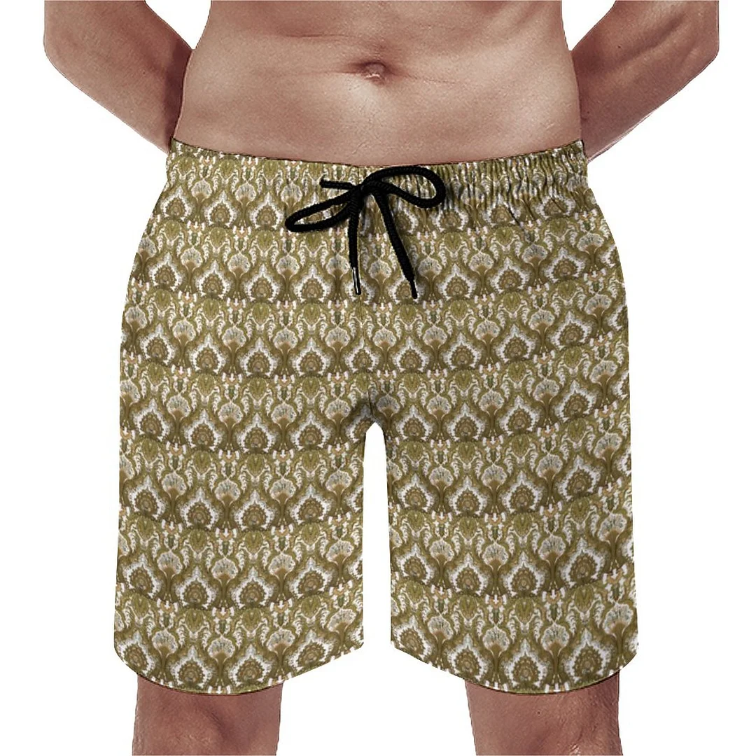Antique French Floral Feather Scrollwork Men's Swim Trunks Summer Board Shorts Quick Dry Beach Short with Pockets