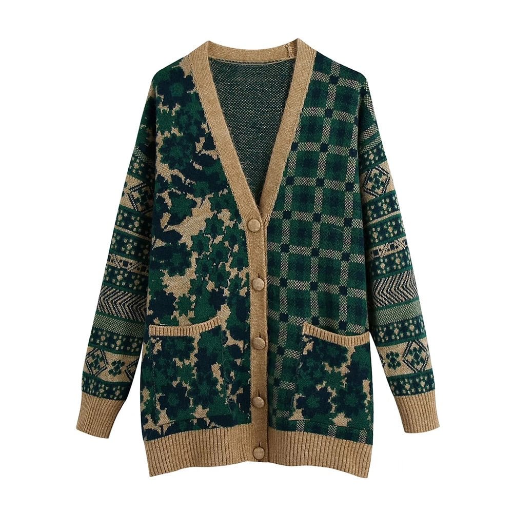 TRAF Women Fashion Loose Jacquard Knit Cardigan Sweater Vintage Long Sleeve Patch Pockets Female Outerwear Chic Tops