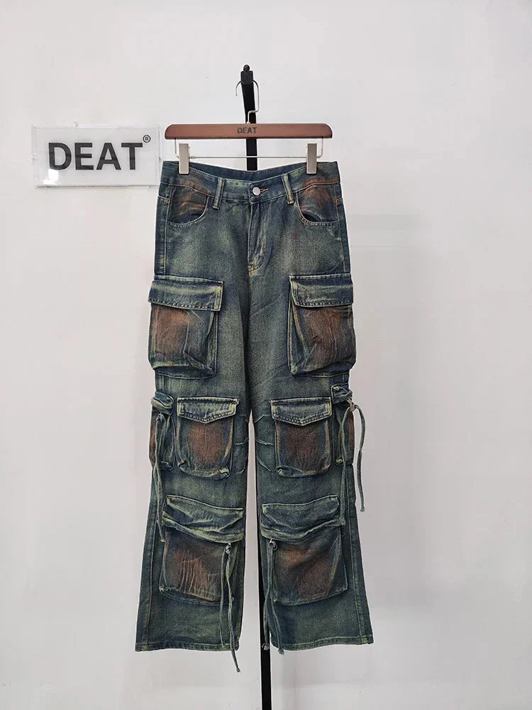 Huibahe Women Denim Pants Wash Gradient Tie-dye Green Multiple Pocket Retro Loose Full Length Jeans 2024 Summer New Fashion 29L3410