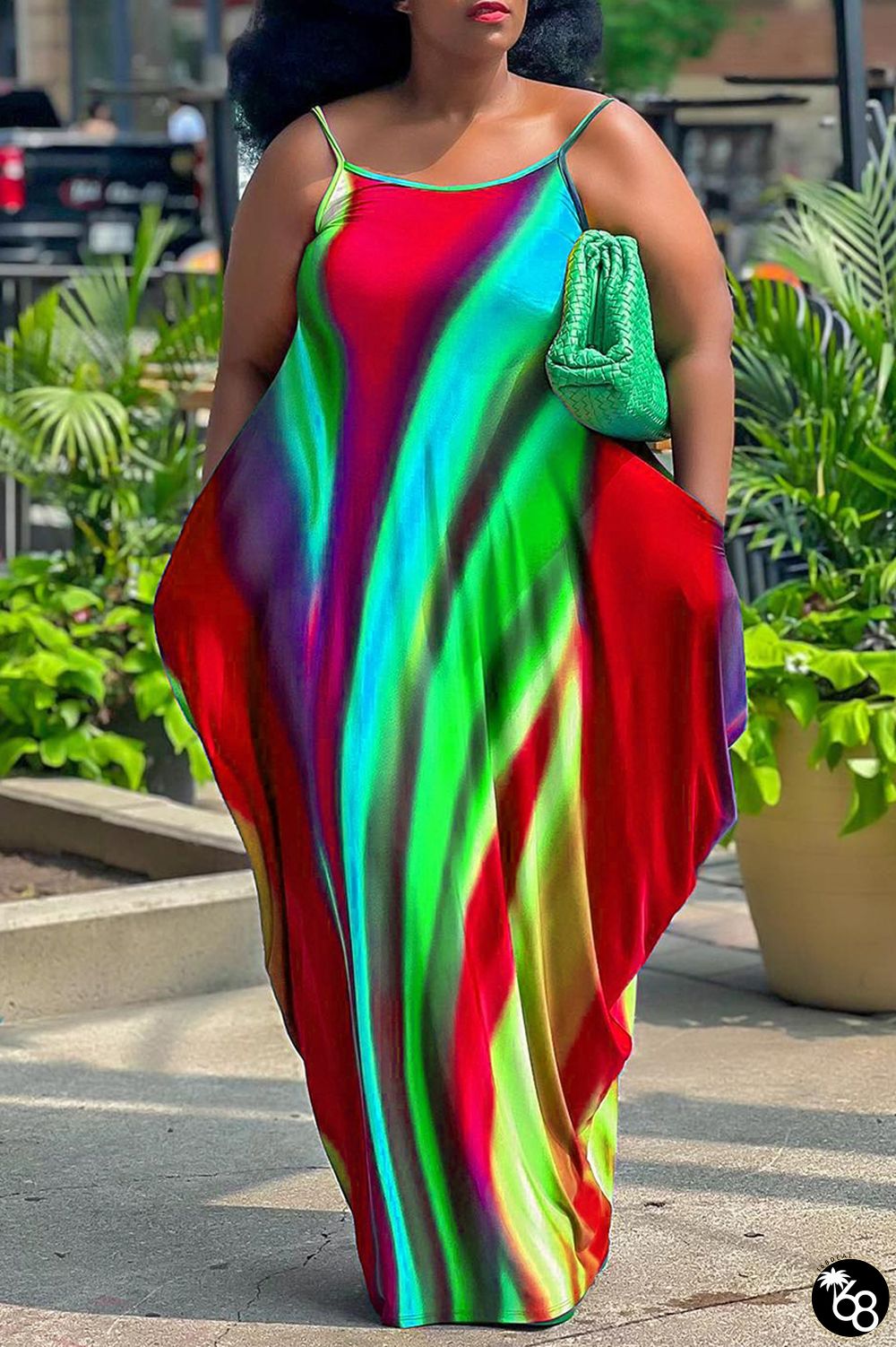 Red Casual Street Color Block Patchwork Pocket Printing Spaghetti Strap Long Dress Plus Size Dresses | 168DEAL