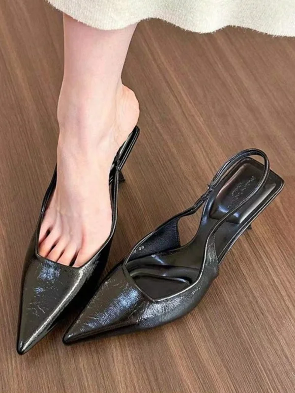 Belt Buckle Pointed-Toe Shiny Split-Joint Sling Shoes Pumps Sandals