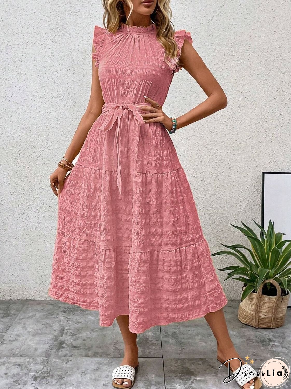 Tied Ruffled Cap Sleeve Midi Dress