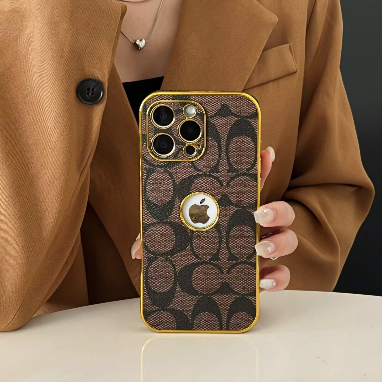 Classic Coach Signature Canvas Leather Electroplated Apple iPhone Case