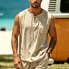 Men's Retro Vacation Cotton Linen Sleeveless Lace-Up Tank Top by Inlyline