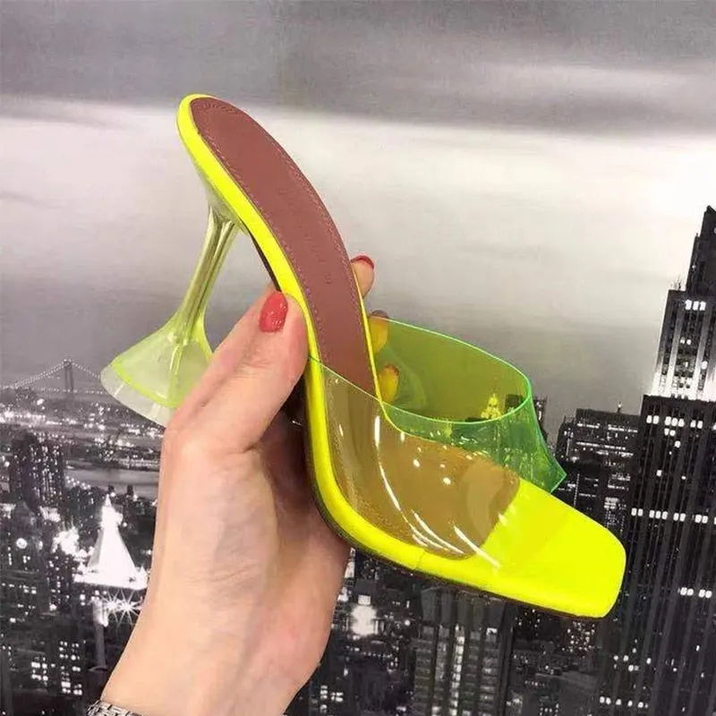 Transparent crystal heel slippers women's summer new fashion wine glass heel square toe fashion sandals Large size
