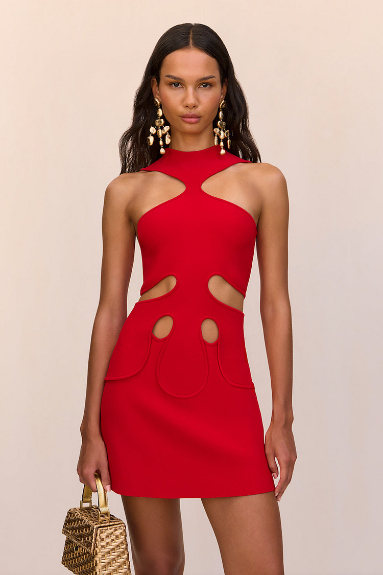 Sleeveless High Neck Cutout Slim Fit Mini Dresses-Red [Pre Order]