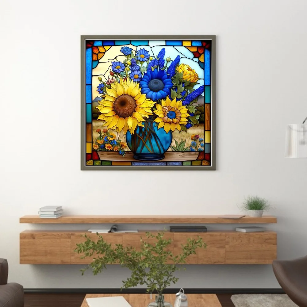 DIY Stamped Cross Stitch 14CT Full Embroidery 40*40cm - Glass Painting-Sunflowers