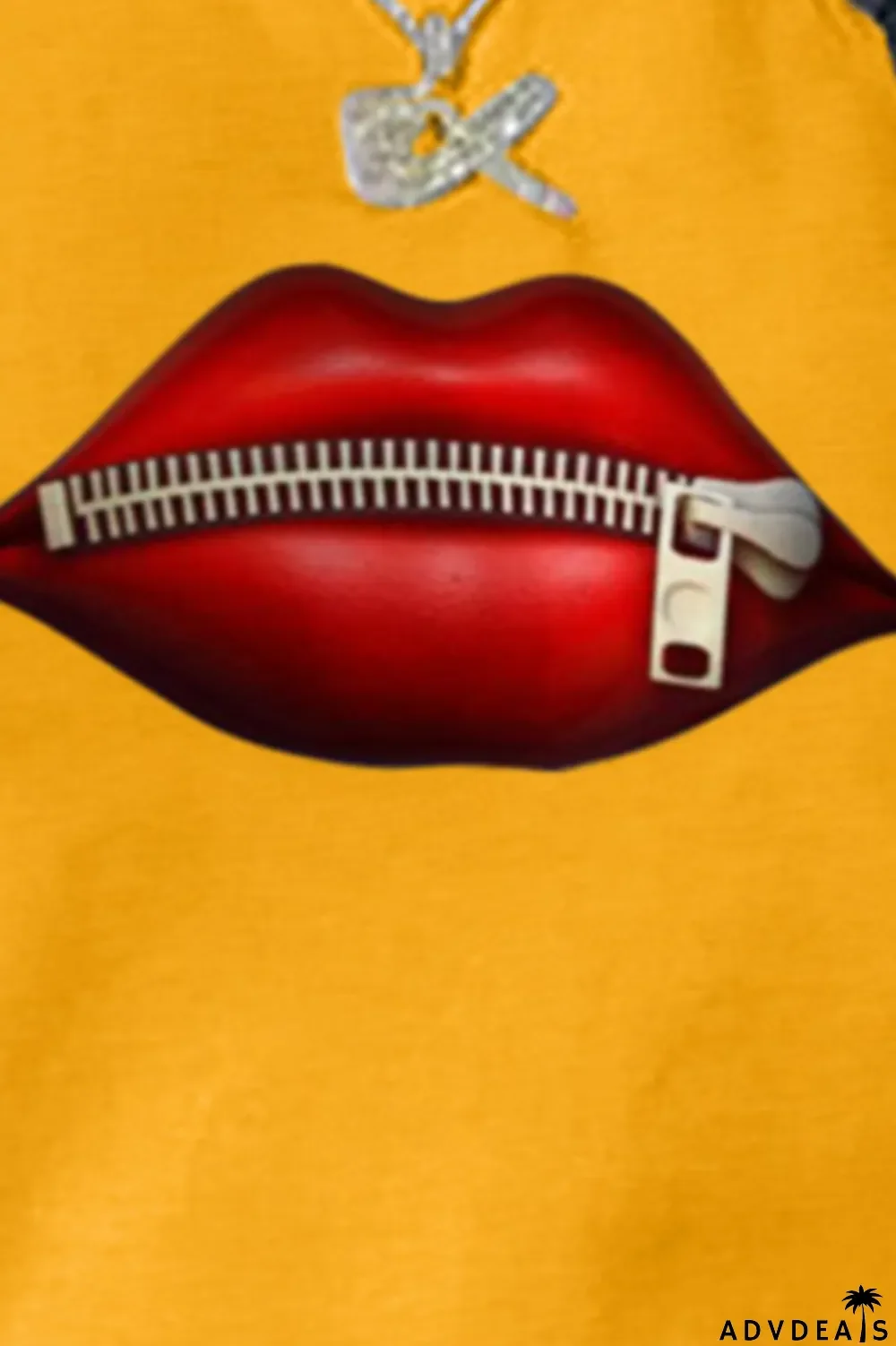 Yellow Fashion Sexy Lips Printed Split Joint O Neck Tops