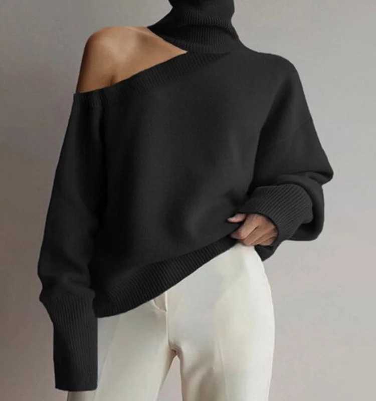 VChics Turtleneck Off Shoulder Sexy Leopard-print Sweater