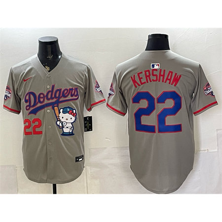 Men's Los Angeles Dodgers #22 Clayton Kershaw Grey Hello Kitty Night 2025 World Series Champions Patch Stitched Baseball Jersey