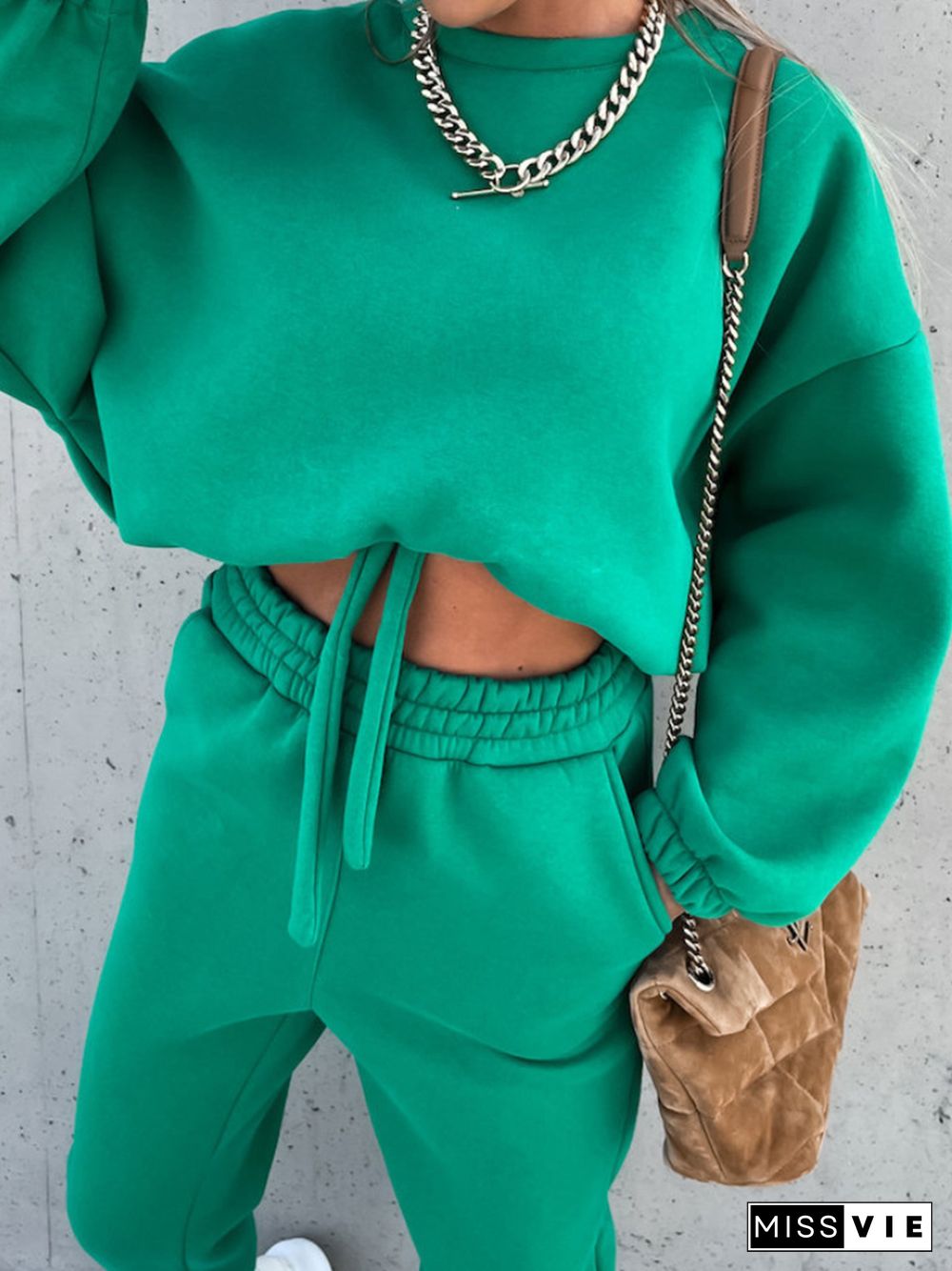 Plain O-Neck Casual Long-Sleeved Sweatshirt Two-Piece Suit