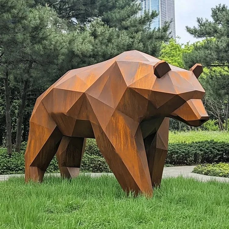 Custom Modern Geometric Corten Steel Bear Sculpture