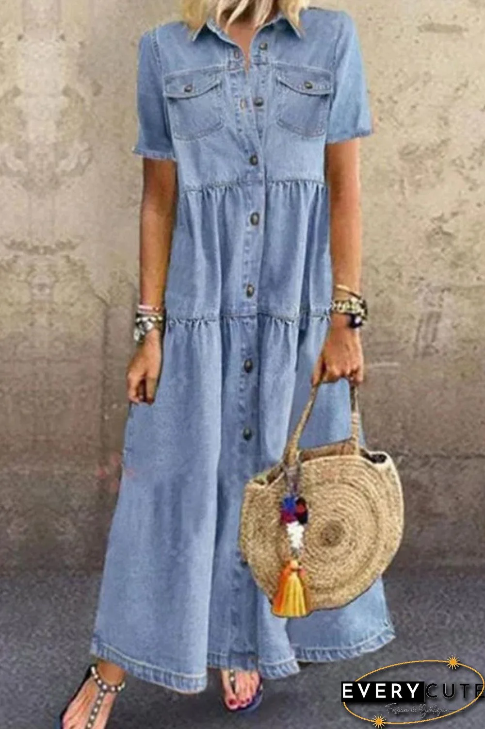 Casual Solid Make Old Turndown Collar Short Sleeve High Waist Regular Denim Dresses