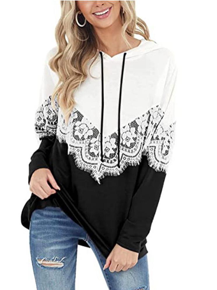 Women's Scoop Neck Long Sleeve Lace Color Matching Hooded Sweater Top