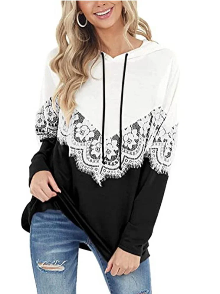 Women's Scoop Neck Long Sleeve Lace Color Matching Hooded Sweater Top