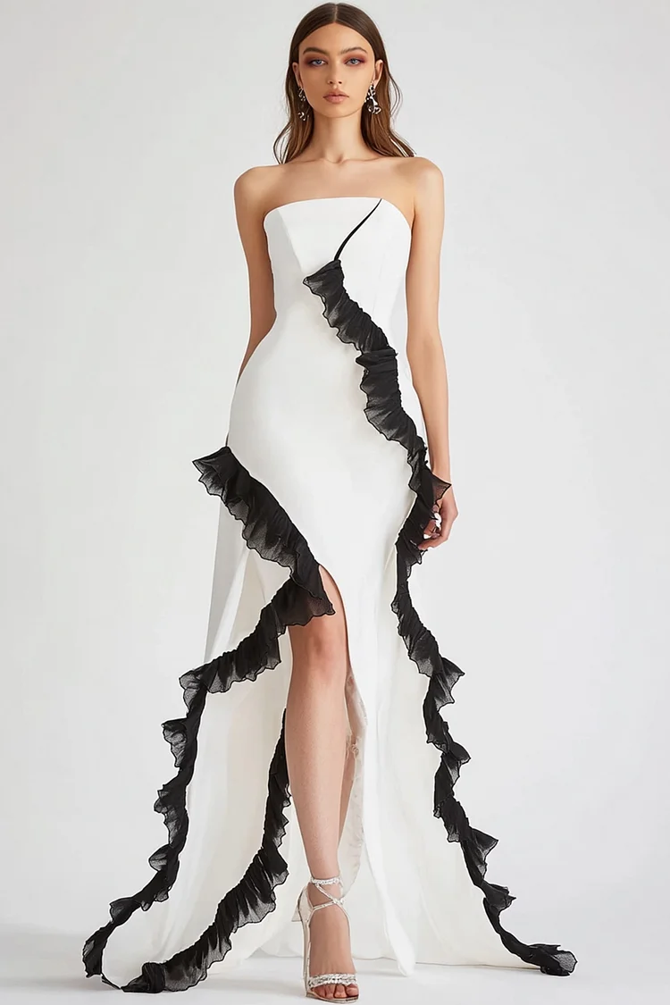 Strapless Contrast Ruffled Slit Maxi Dress-White [Custom-Made]
