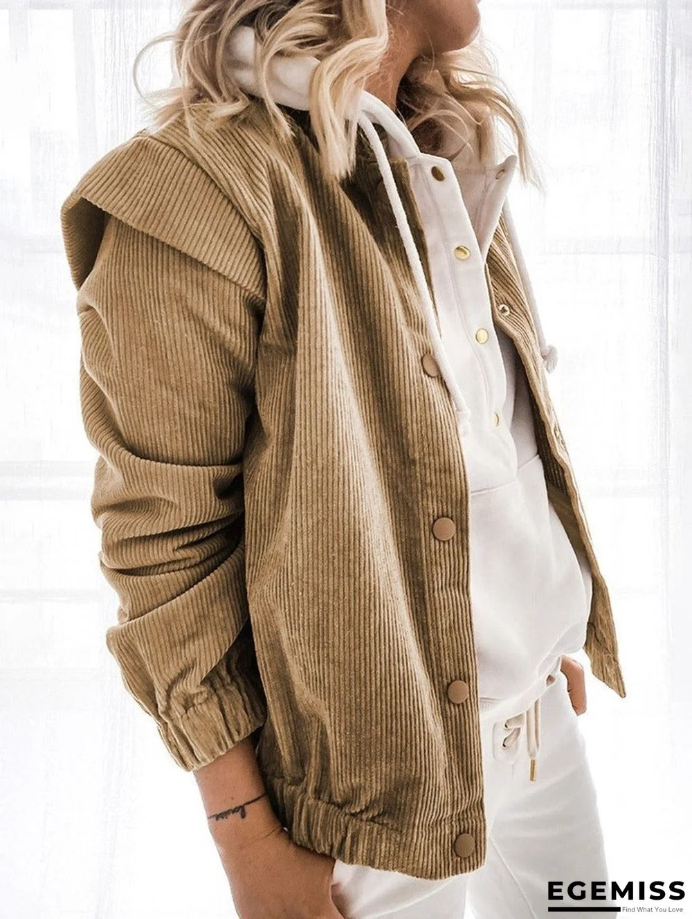 Casual Solid Color Corduroy Loose Long-sleeved Stand-up Collar Coat | EGEMISS