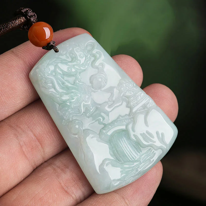 Chinese Zodiac Dragon Jade Mountain River Luck Necklace String Pendant