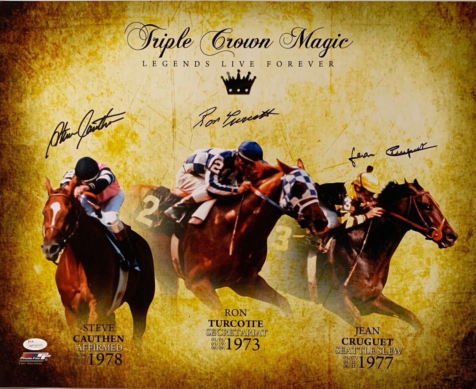 Ron Turcotte, Steve Cauthen, & Jean Cruguet Autographed Triple Crown 16x20 JSA