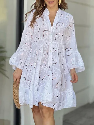 Image of A-Line Flared Sleeves Buttoned Hollow Solid Color Split-Joint V-Neck Mini Dresses