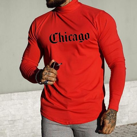 Chicago Print High Neck Long Sleeve T-shirt、、URBENIE