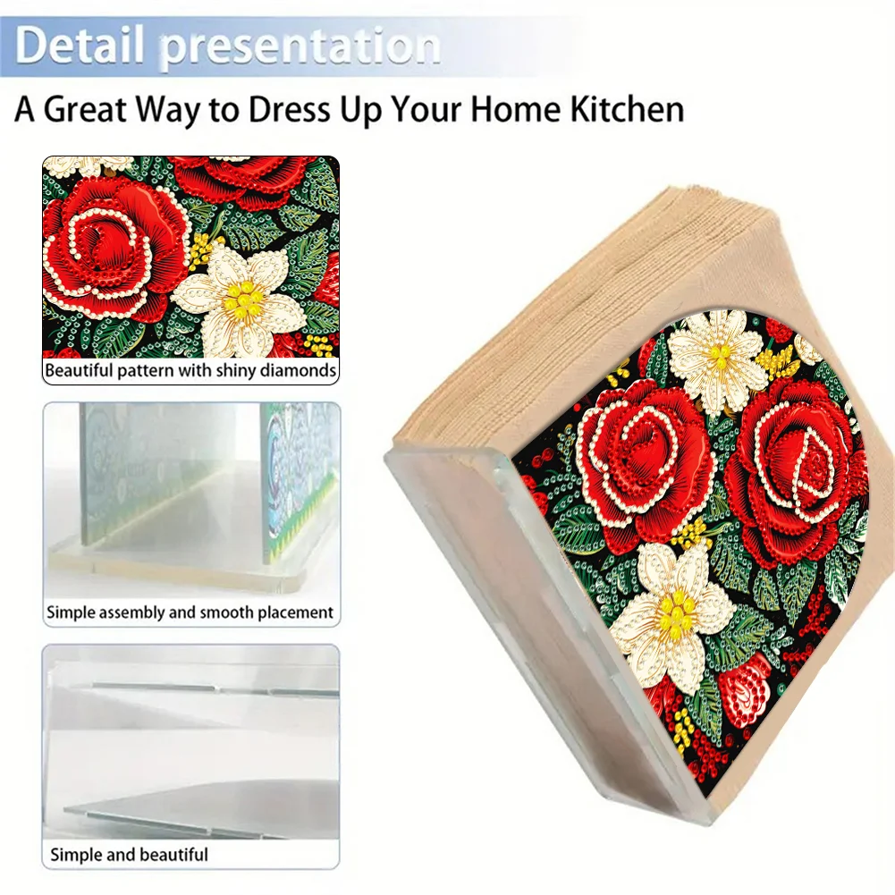 5D DIY Christmas Red Roses Acrylic Diamond Art Painting Napkin Holder Set