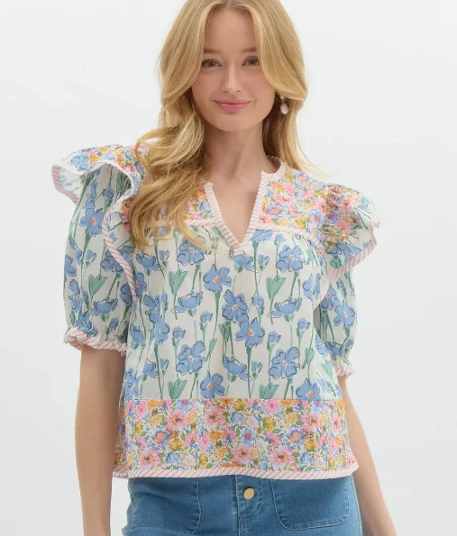 Athvotar Athvotar Summer New Women's Small Fresh Print Flowers Short-Sleeved Leisure Commute OL Top Women's Clothing