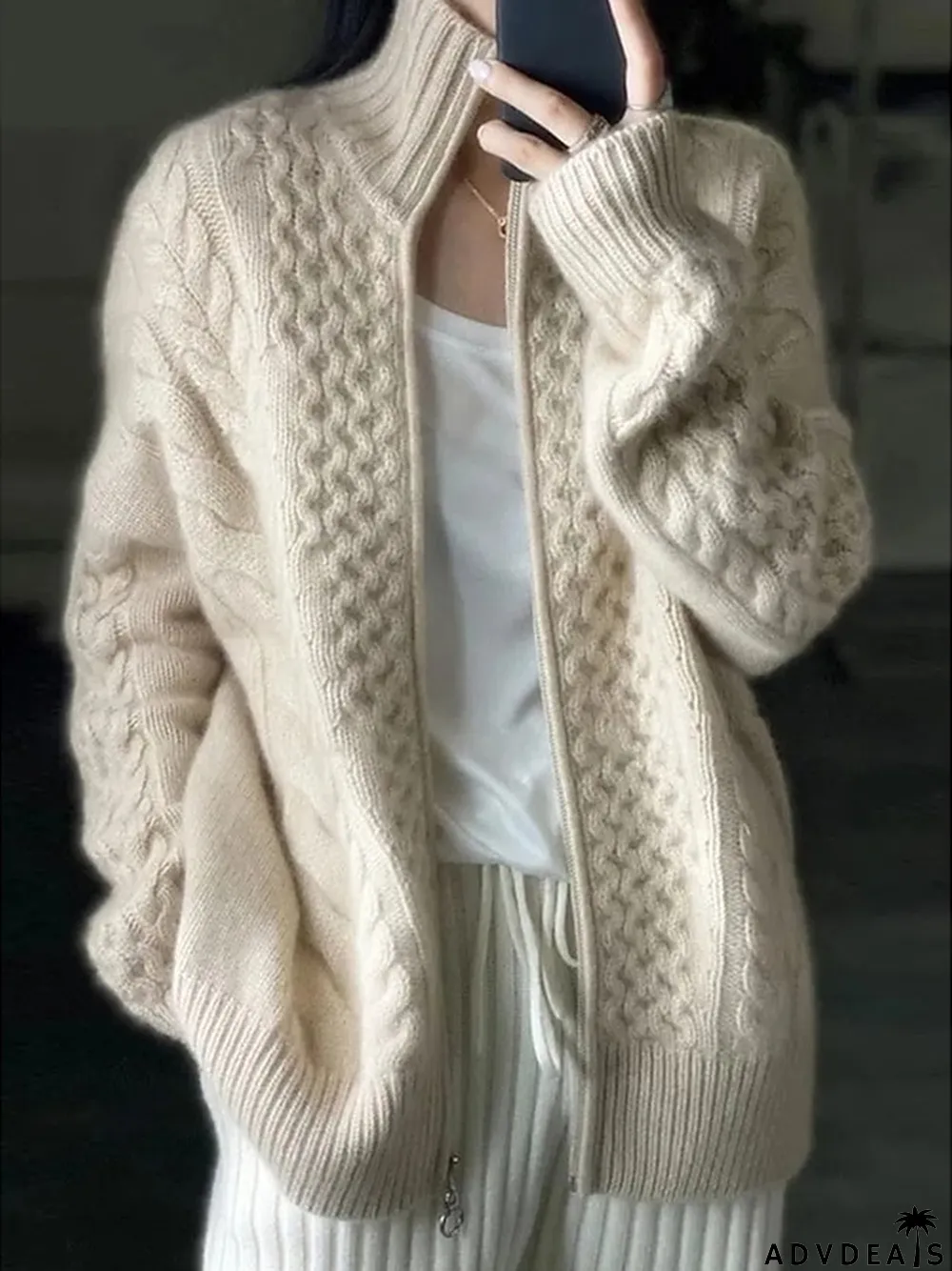 Women's Cardigan Sweater Open Front Cable Knit Knit Zipper Fall Winter Cropped Daily Stylish Casual Soft Long Sleeve Solid Color Maillard Beige S M L