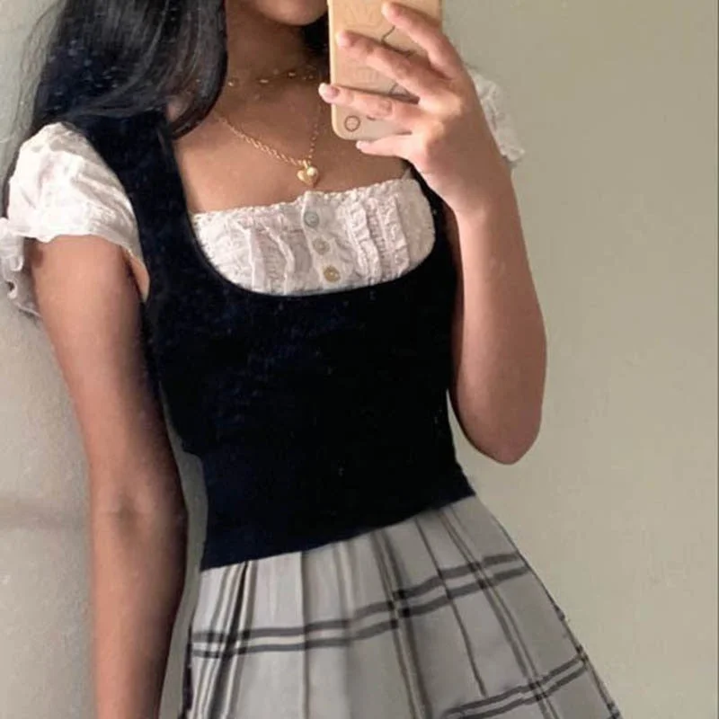 Rapcopter y2k Trim Button Crop Top Short Sleeve Knitted T Shirt Prepply Cute Square Collar Pullovers Women Summer Korean Tee 90s