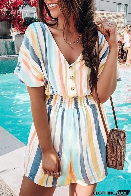 Colorful Stripe Button Romper