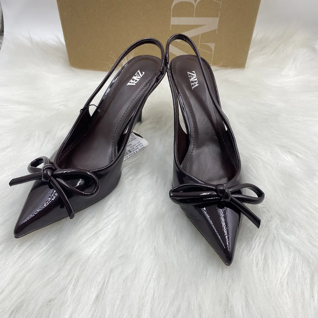 Breakj Breakj Bow Head Sandals New French Light-Tip Wine Red Patent Leather Fine Heel High Heels