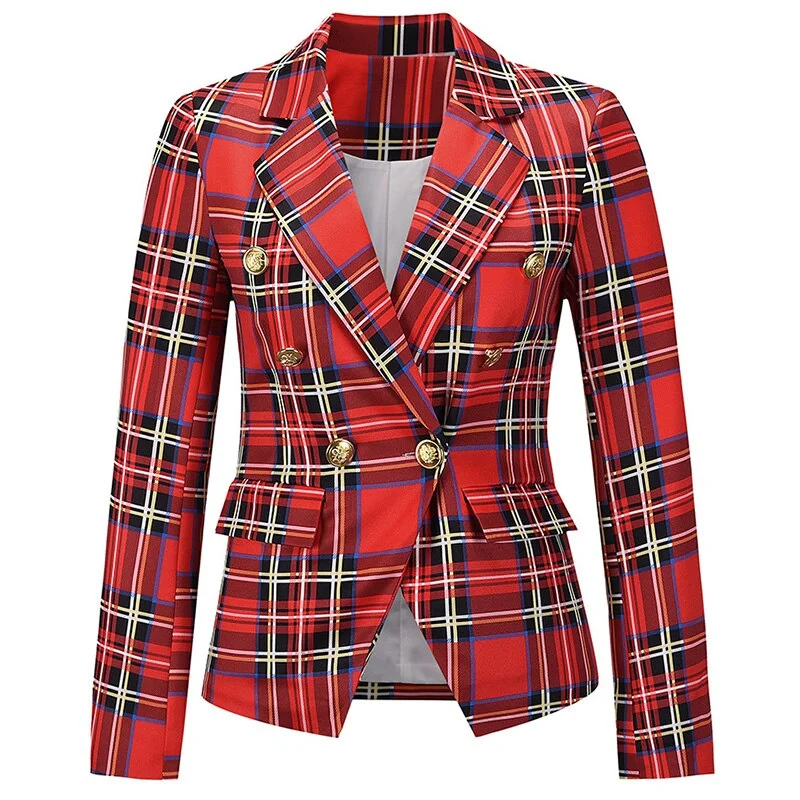 Spring Autumn Women Checked Blazer Casual Fashion Button Cropped Long Sleeve Jacket Elegant Chic Blue Female Office Suit 2021