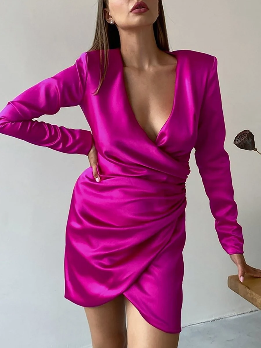 Sexy V-neck long-sleeved satin dress