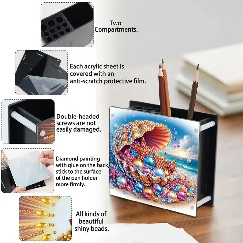 DIY Acrylic Seaside Special Shape Diamond Painting Pen Holder for Home Study