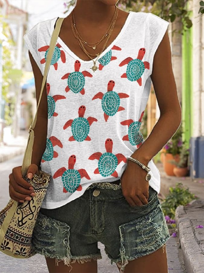 Women's Summer Sea Turtle Print Print T-Shirt