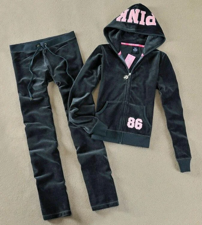 Spring / Fall 2021 PINK Women's Brand Velvet Fabric Tracksuits Velour Suit Women Tracksuit Hoodies And Pants SIZE S - XL 1110-1
