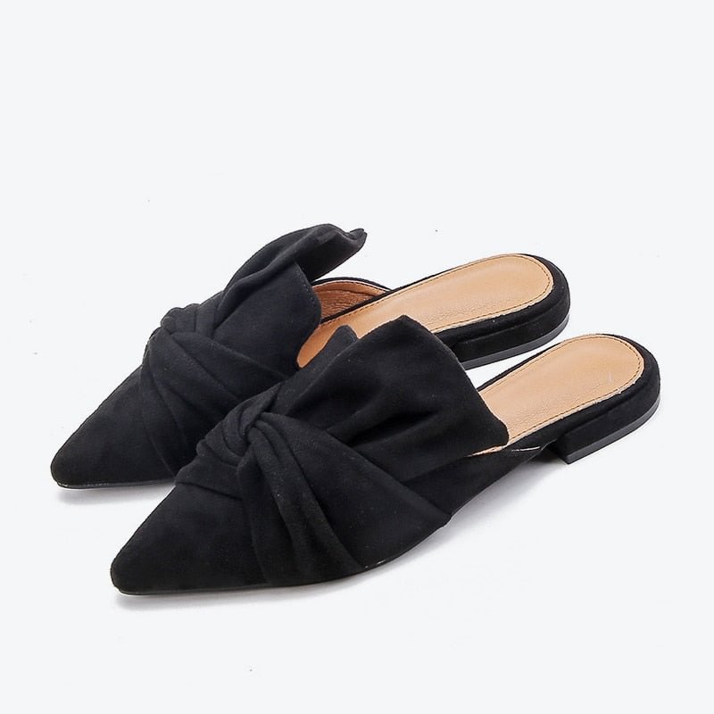 Women Slippers Summer Mules Shoes Women Suede Slide Flock Slippers Female Mules Low Heels Pointed Toe Bowtie Zapatos De Mujer