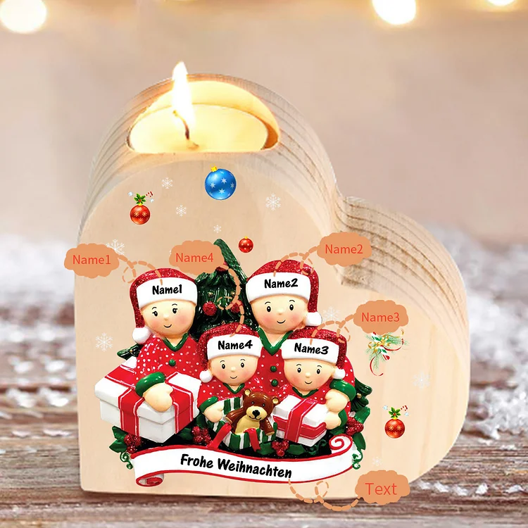 Herzform Kerzenhalter Personalisierte 4 Namen & Text Weihnacht Thema mit 4 Familienmitgliedern