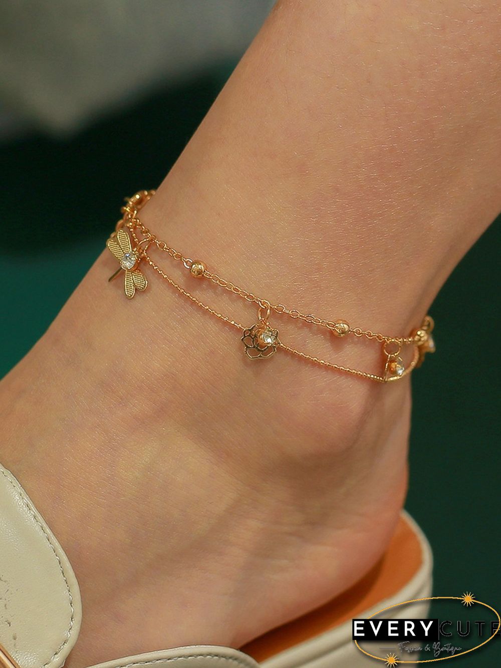 Holiday Style Beach Rose Dragonfly Zircon Multilayer Anklet