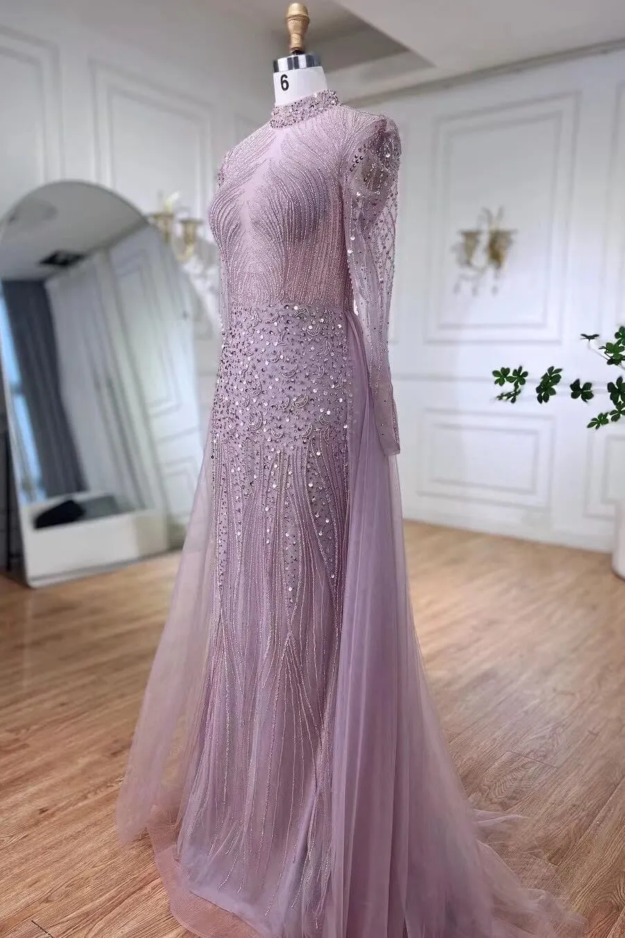 Bellasprom Light Purple High Neck Long Sleeves Mermaid Prom Dress Beadings With Tulle Skirt Bellasprom Light Purple High Neck Long Sleeves Mermaid Prom Dress Beadings With Tulle Skirt